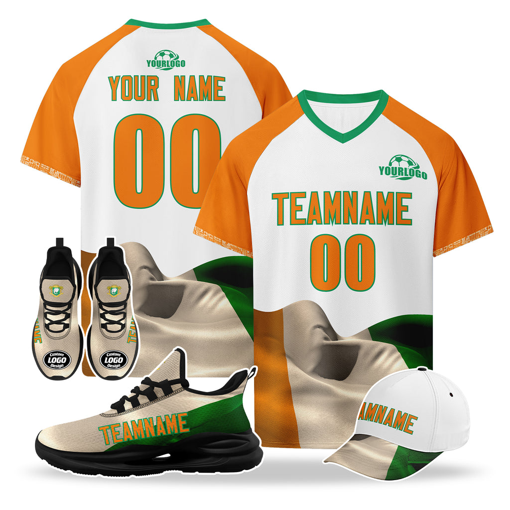 Custom Ivory Coast 2026 World Cup High Quality Soccer Stadium Version Jersey Sneakers Sports Shoes and Hat Combo Offer Personalized Team Name and Logo ZH-F007055-010