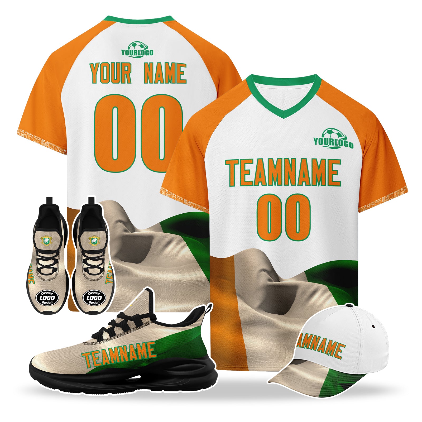 Custom Ivory Coast 2026 World Cup High Quality Soccer Stadium Version Jersey Sneakers Sports Shoes and Hat Combo Offer Personalized Team Name and Logo ZH-F007055-010