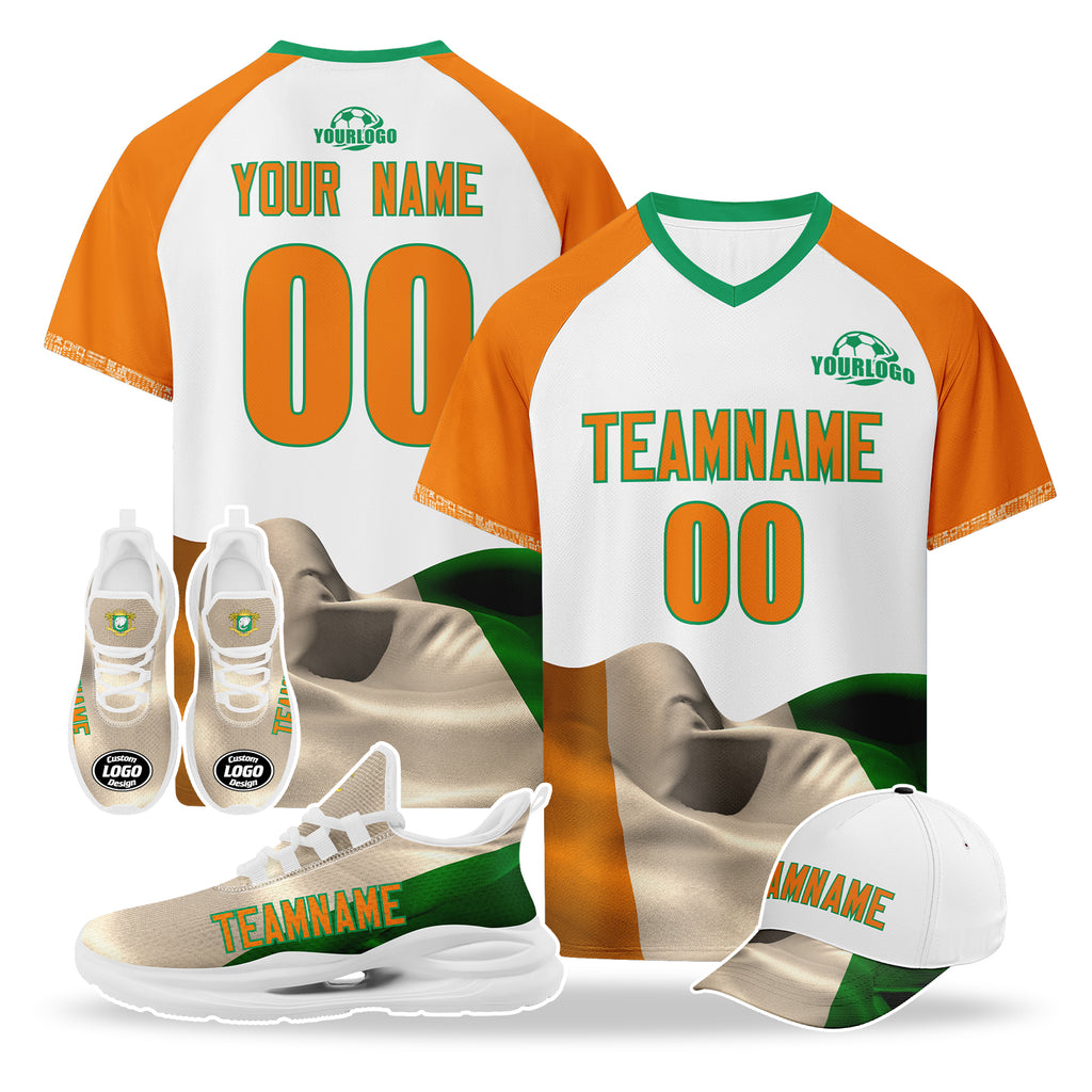 Custom Ivory Coast 2026 World Cup High Quality Soccer Stadium Version Jersey Sneakers Sports Shoes and Hat Combo Offer Personalized Team Name and Logo ZH-F007055-010