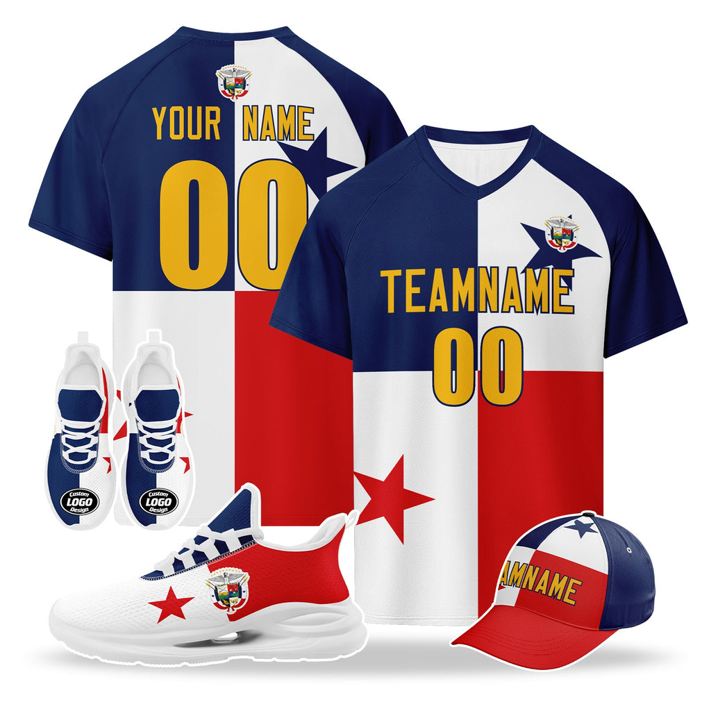 Custom Panama 2026 World Cup High Quality Soccer Stadium Version Jersey Sneakers Sports Shoes and Hat Combo Offer Personalized Team Name and Logo ZH-F007058-002