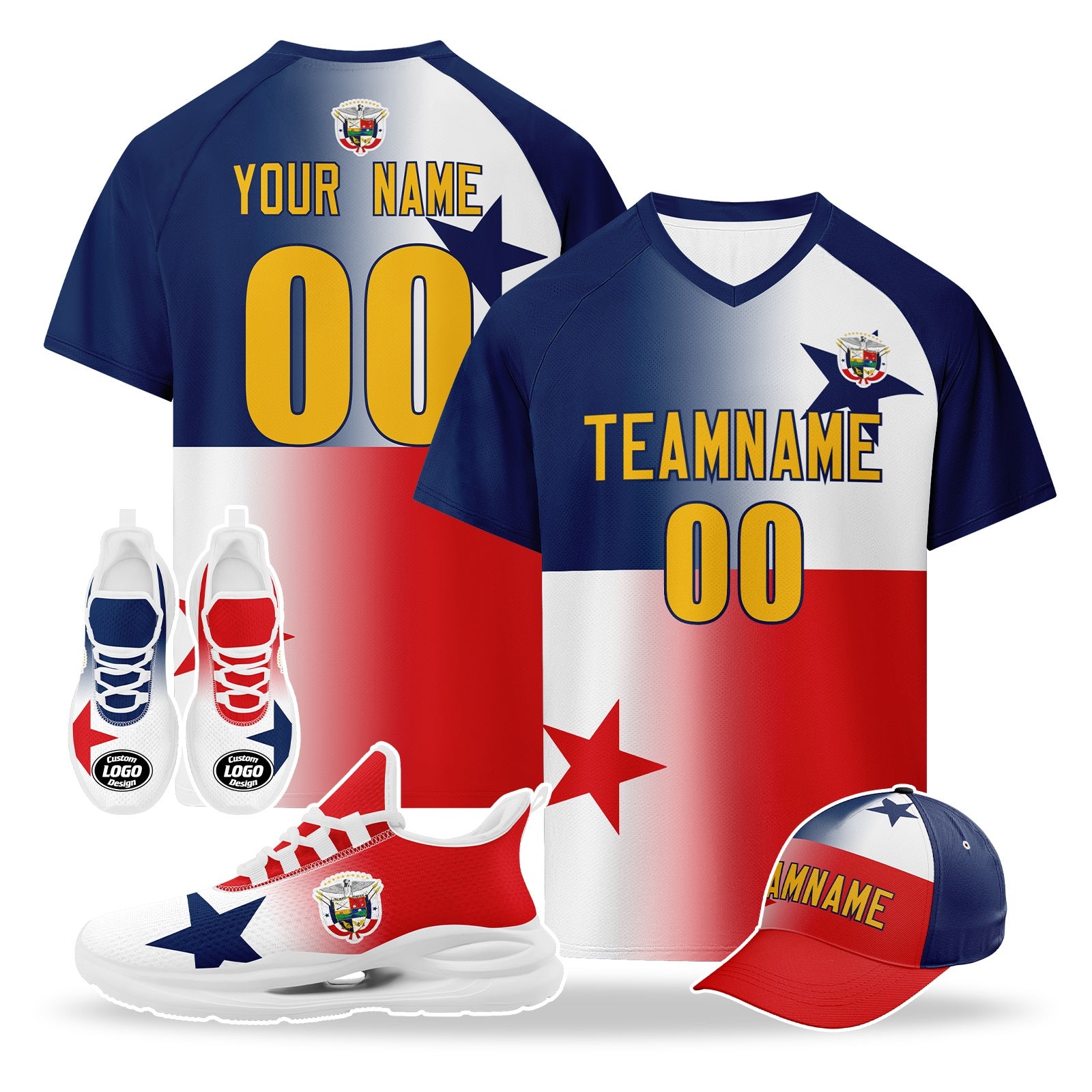 Custom Panama 2026 World Cup High Quality Soccer Stadium Version Jersey Sneakers Sports Shoes and Hat Combo Offer Personalized Team Name and Logo ZH-F007058-003