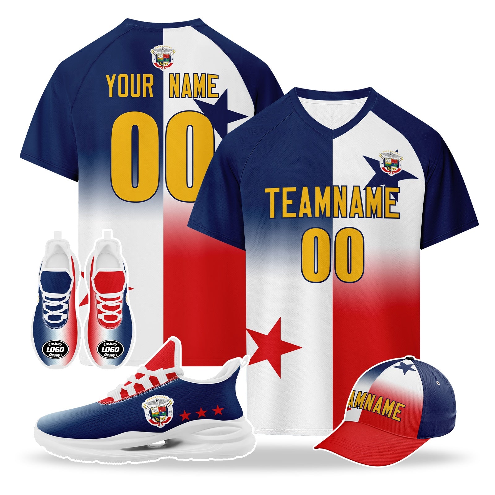 Custom Panama 2026 World Cup High Quality Soccer Stadium Version Jersey Sneakers Sports Shoes and Hat Combo Offer Personalized Team Name and Logo ZH-F007058-004