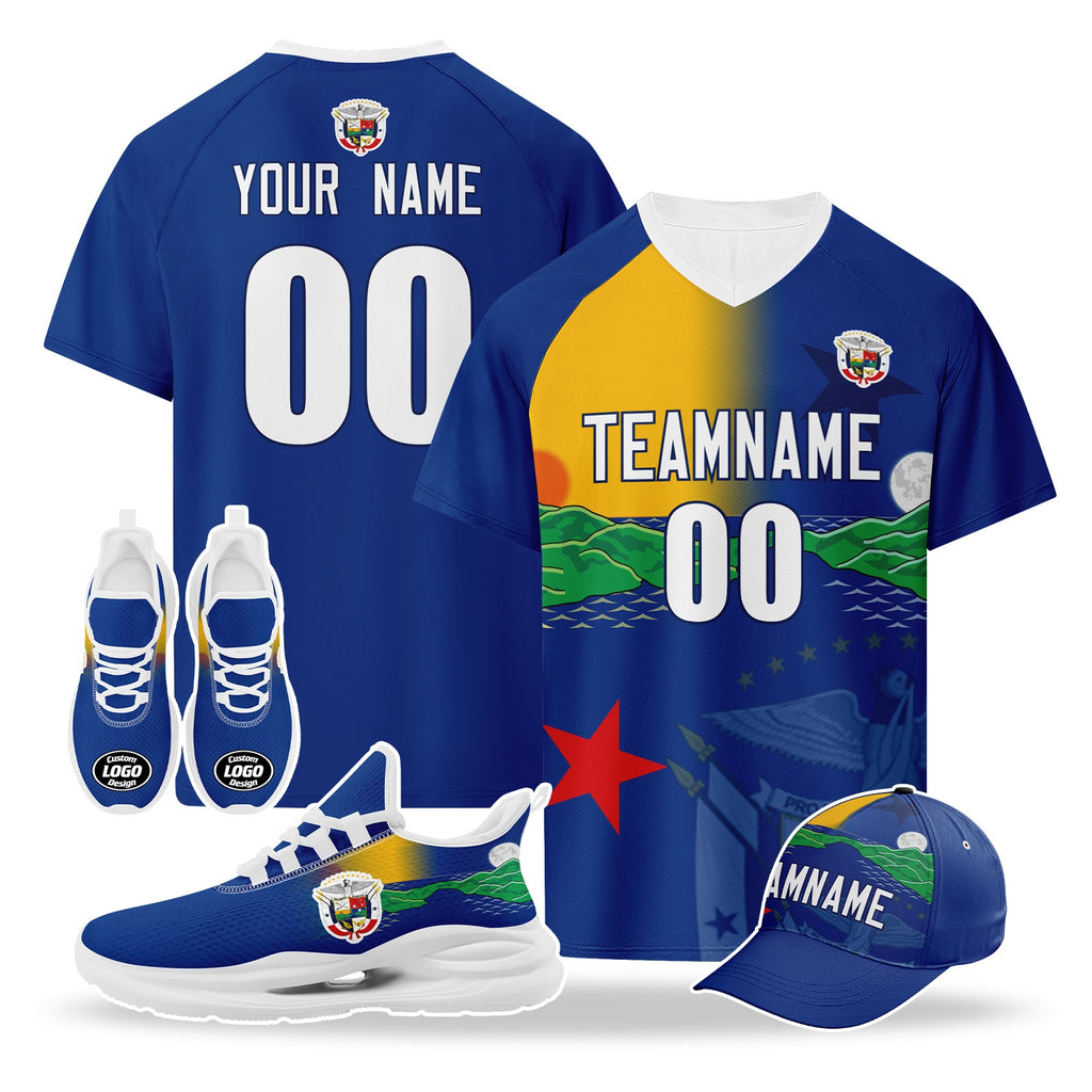 Custom Panama 2026 World Cup High Quality Soccer Stadium Version Jersey Sneakers Sports Shoes and Hat Combo Offer Personalized Team Name and Logo ZH-F007058-007