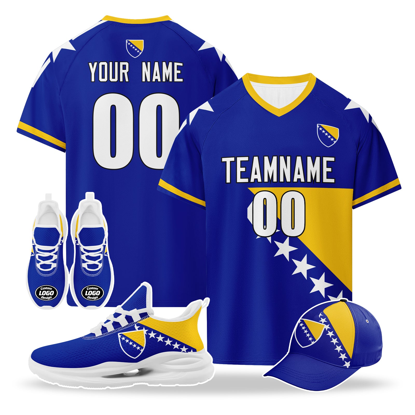 Custom Bosnia and Herzegovina 2026 World Cup High Quality Soccer Stadium Version Jersey Sneakers Sports Shoes and Hat Combo Offer Personalized Team Name and Logo ZH-F007062-001