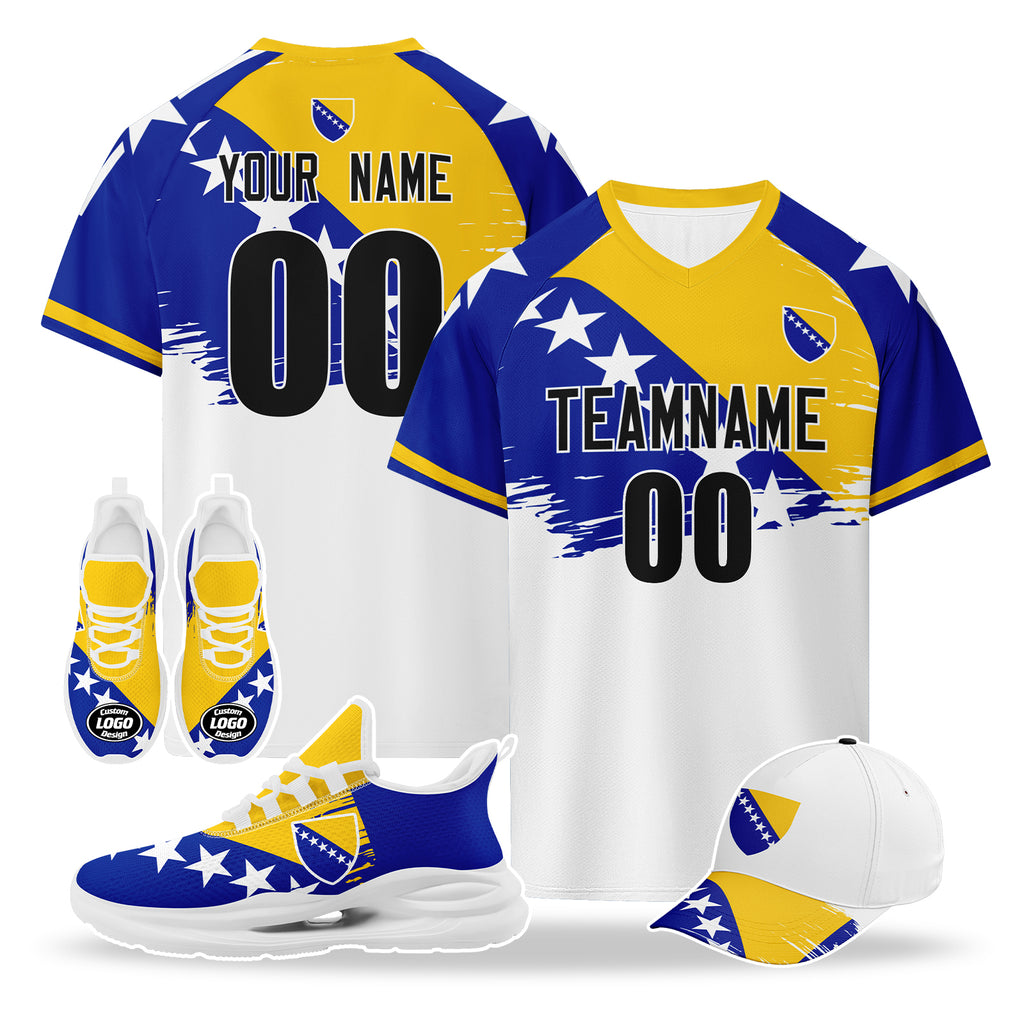 Custom Bosnia and Herzegovina 2026 World Cup High Quality Soccer Stadium Version Jersey Sneakers Sports Shoes and Hat Combo Offer Personalized Team Name and Logo ZH-F007062-002