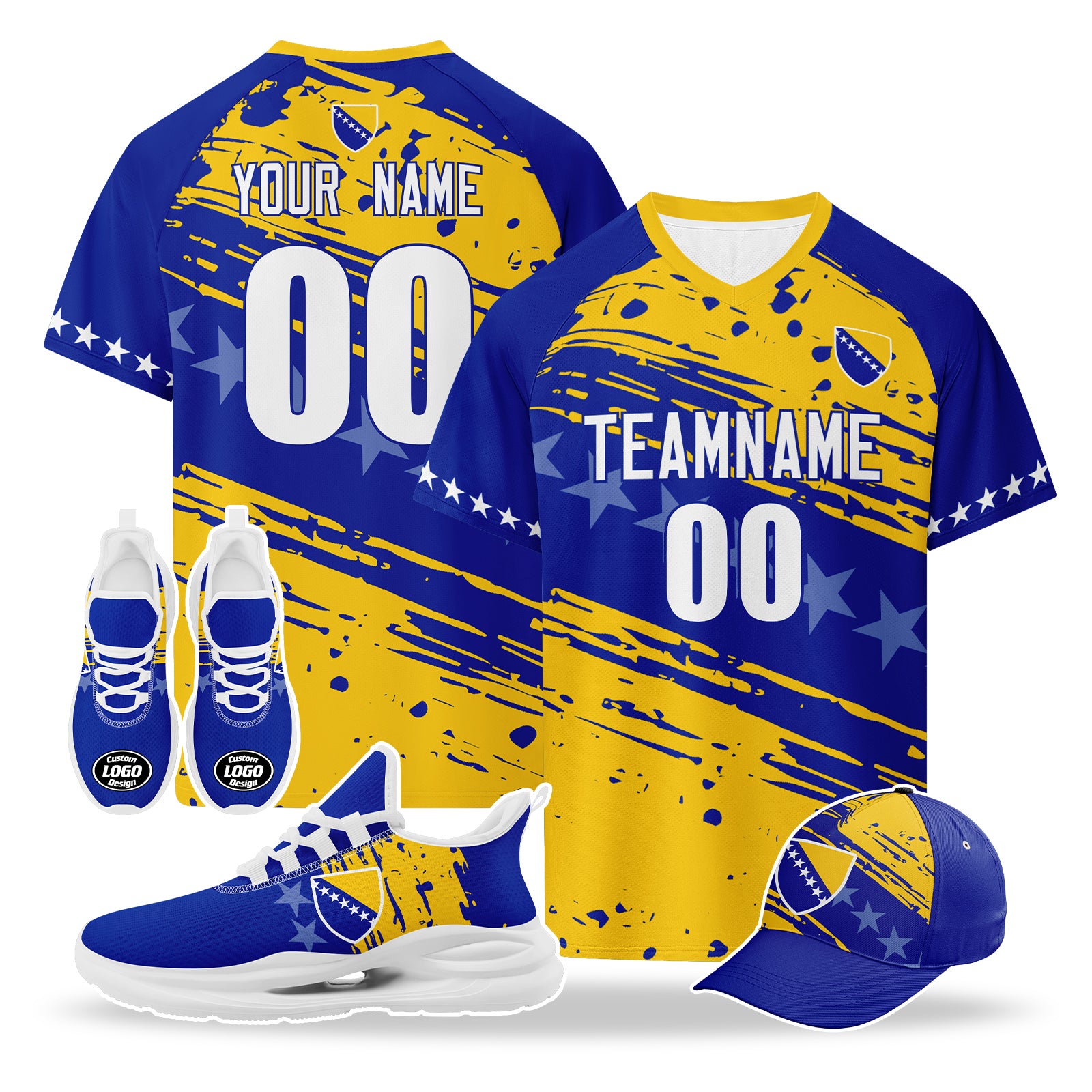 Custom Bosnia and Herzegovina 2026 World Cup High Quality Soccer Stadium Version Jersey Sneakers Sports Shoes and Hat Combo Offer Personalized Team Name and Logo ZH-F007062-003