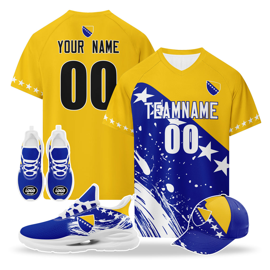 Custom Bosnia and Herzegovina 2026 World Cup High Quality Soccer Stadium Version Jersey Sneakers Sports Shoes and Hat Combo Offer Personalized Team Name and Logo ZH-F007062-004