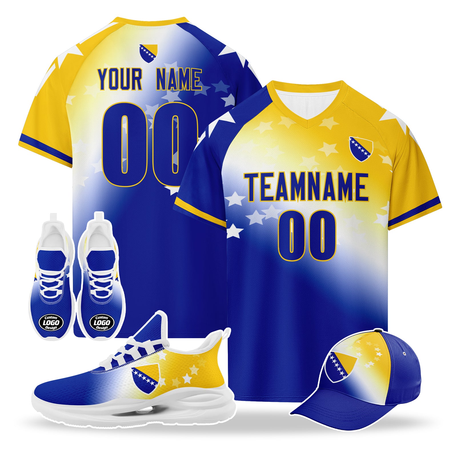 Custom Bosnia and Herzegovina 2026 World Cup High Quality Soccer Stadium Version Jersey Sneakers Sports Shoes and Hat Combo Offer Personalized Team Name and Logo ZH-F007062-005