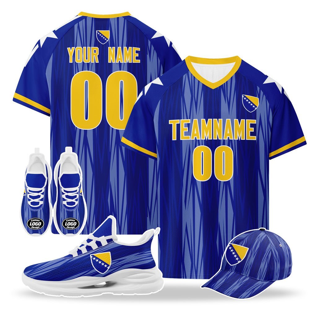 Custom Bosnia and Herzegovina 2026 World Cup High Quality Soccer Stadium Version Jersey Sneakers Sports Shoes and Hat Combo Offer Personalized Team Name and Logo ZH-F007062-006