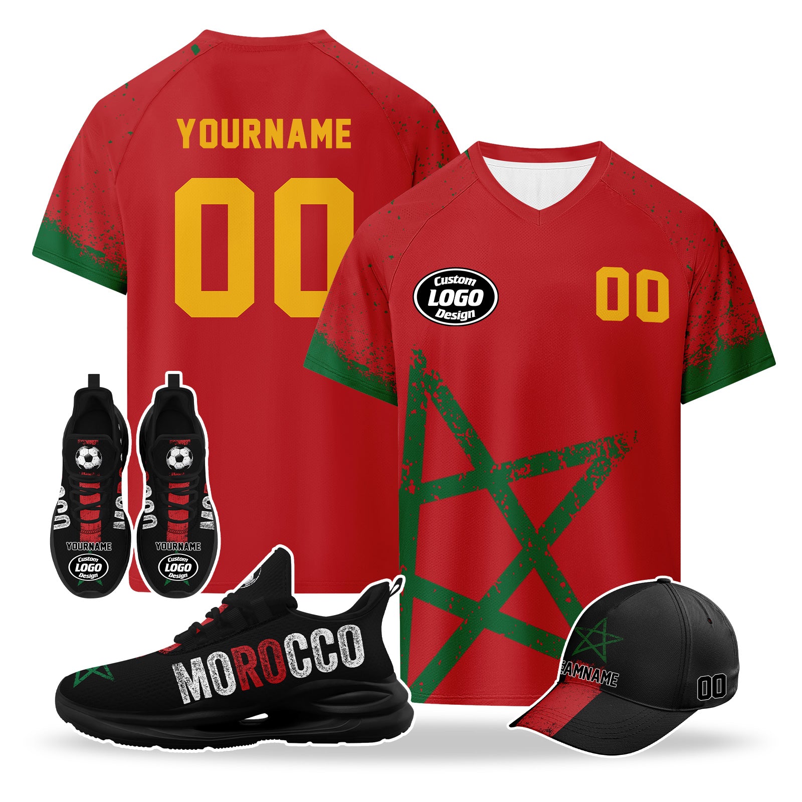 Custom 2026 World Cup Morocco High Quality Soccer Stadium Version Jersey Sneakers Sports Shoes and Hat Combo Offer Personalized Team Name and Logo ZH-F009134-1