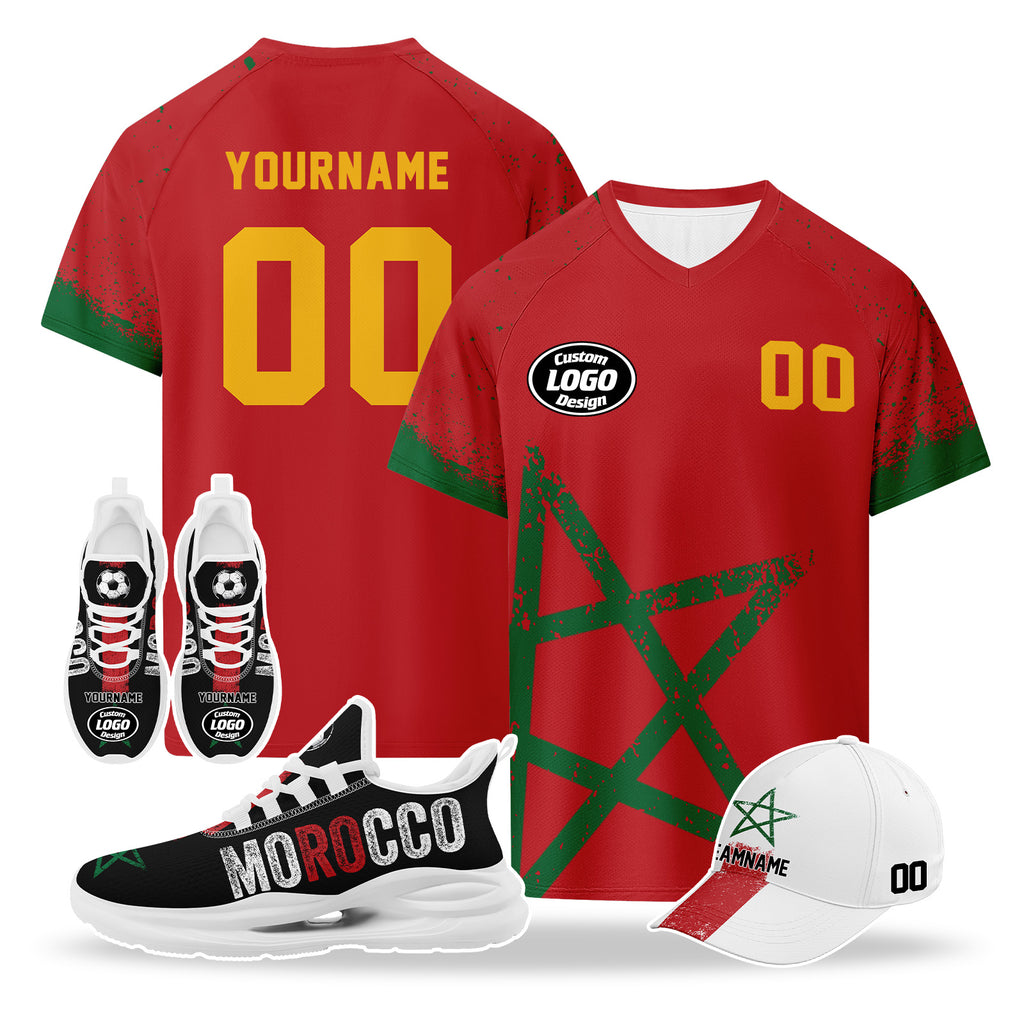Custom 2026 World Cup Morocco High Quality Soccer Stadium Version Jersey Sneakers Sports Shoes and Hat Combo Offer Personalized Team Name and Logo ZH-F009134-1