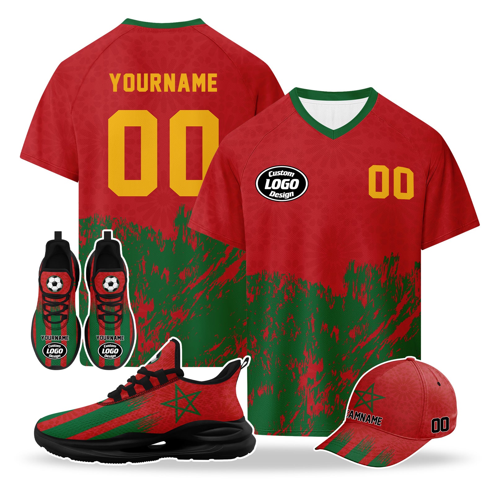 Custom 2026 World Cup Morocco High Quality Soccer Stadium Version Jersey Sneakers Sports Shoes and Hat Combo Offer Personalized Team Name and Logo ZH-F009134-2