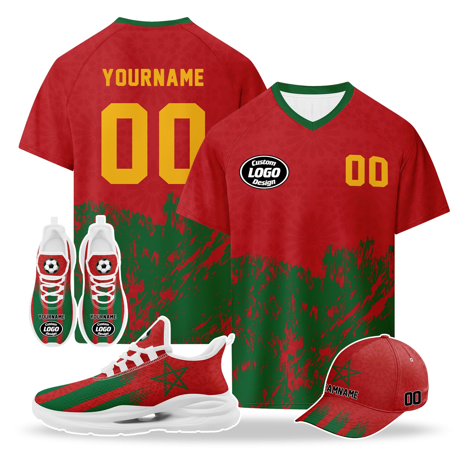Custom 2026 World Cup Morocco High Quality Soccer Stadium Version Jersey Sneakers Sports Shoes and Hat Combo Offer Personalized Team Name and Logo ZH-F009134-2
