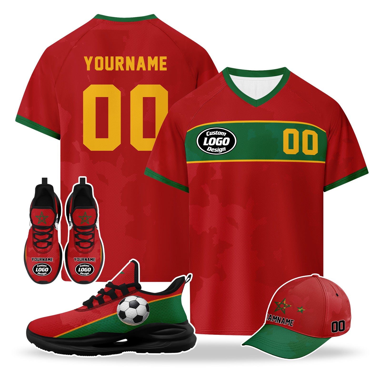 Custom 2026 World Cup Morocco High Quality Soccer Stadium Version Jersey Sneakers Sports Shoes and Hat Combo Offer Personalized Team Name and Logo ZH-F009134-3