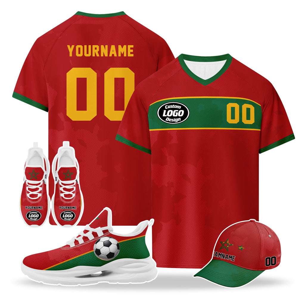 Custom 2026 World Cup Morocco High Quality Soccer Stadium Version Jersey Sneakers Sports Shoes and Hat Combo Offer Personalized Team Name and Logo ZH-F009134-3