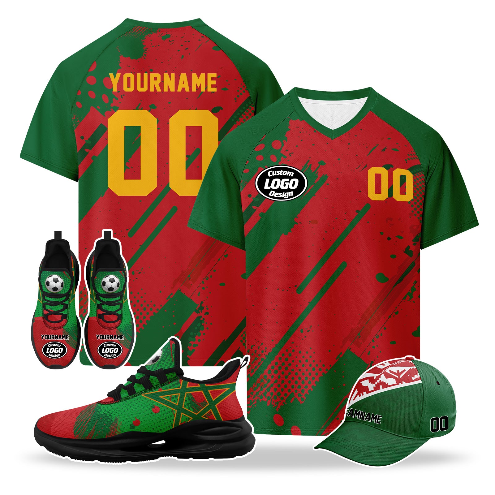 Custom 2026 World Cup Morocco High Quality Soccer Stadium Version Jersey Sneakers Sports Shoes and Hat Combo Offer Personalized Team Name and Logo ZH-F009134-4