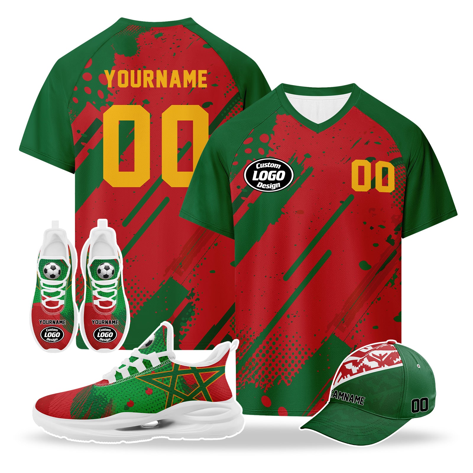 Custom 2026 World Cup Morocco High Quality Soccer Stadium Version Jersey Sneakers Sports Shoes and Hat Combo Offer Personalized Team Name and Logo ZH-F009134-4