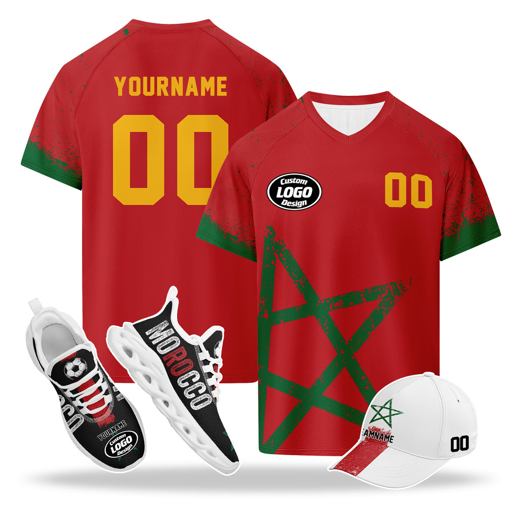 Custom 2026 World Cup Morocco High Quality Soccer Stadium Version Jersey Sneakers Sports Shoes and Hat Combo Offer Personalized Team Name and Logo ZH-F009135-1