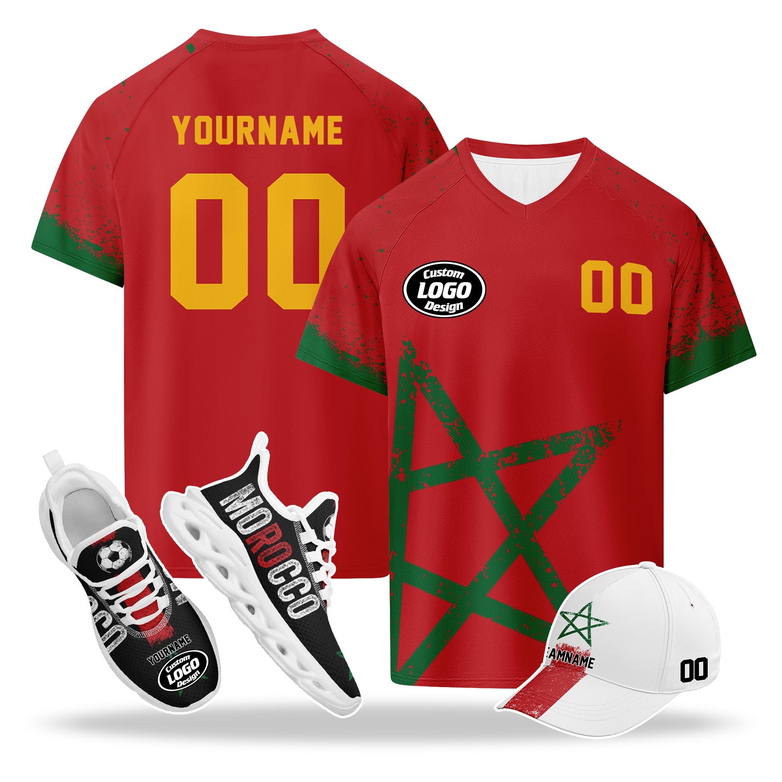 Custom 2026 World Cup Morocco High Quality Soccer Stadium Version Jersey Sneakers Sports Shoes and Hat Combo Offer Personalized Team Name and Logo ZH-F009135-1