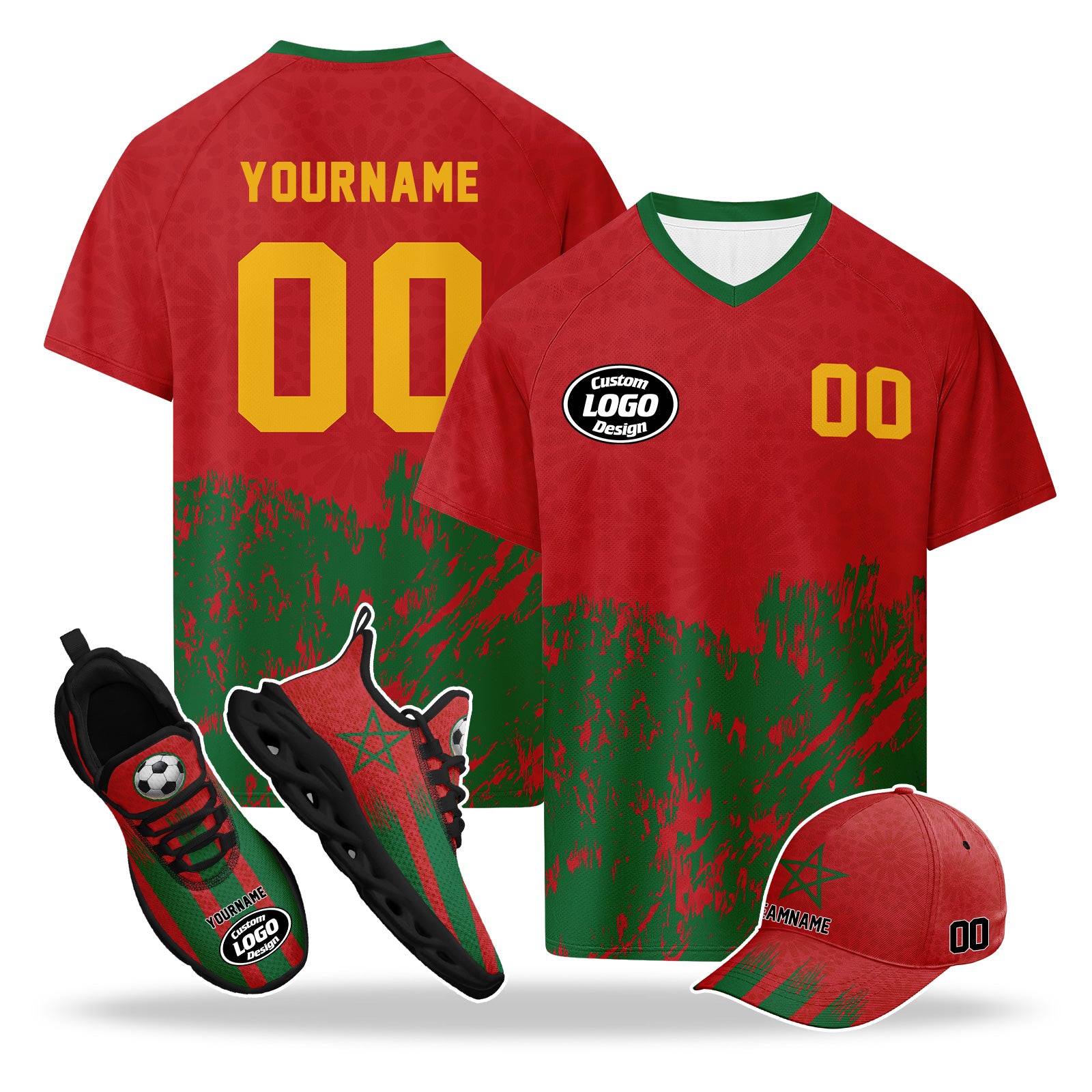 Custom 2026 World Cup Morocco High Quality Soccer Stadium Version Jersey Sneakers Sports Shoes and Hat Combo Offer Personalized Team Name and Logo ZH-F009135-2