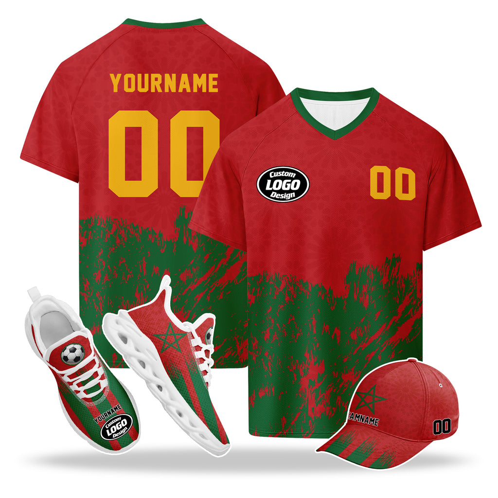 Custom 2026 World Cup Morocco High Quality Soccer Stadium Version Jersey Sneakers Sports Shoes and Hat Combo Offer Personalized Team Name and Logo ZH-F009135-2