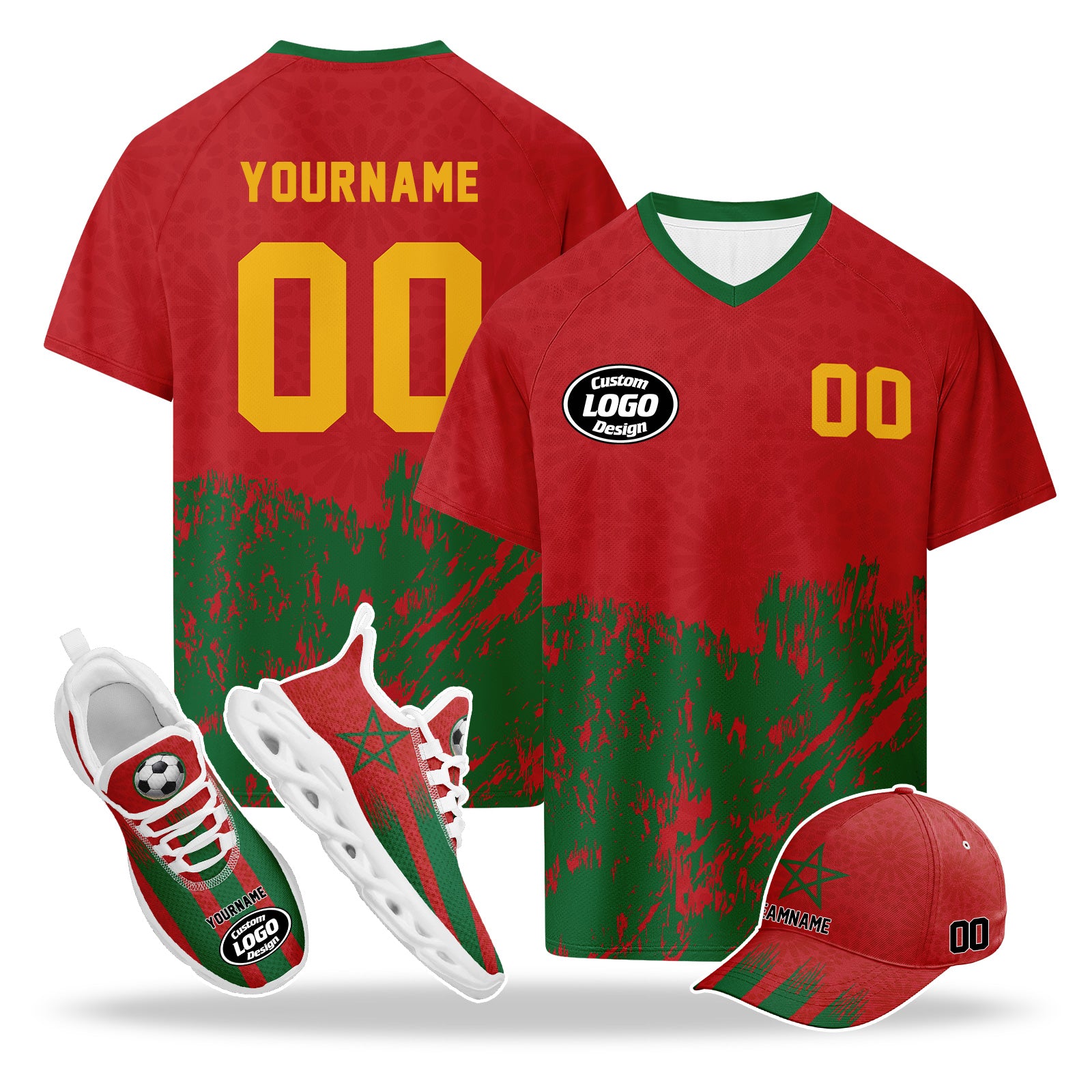 Custom 2026 World Cup Morocco High Quality Soccer Stadium Version Jersey Sneakers Sports Shoes and Hat Combo Offer Personalized Team Name and Logo ZH-F009135-2