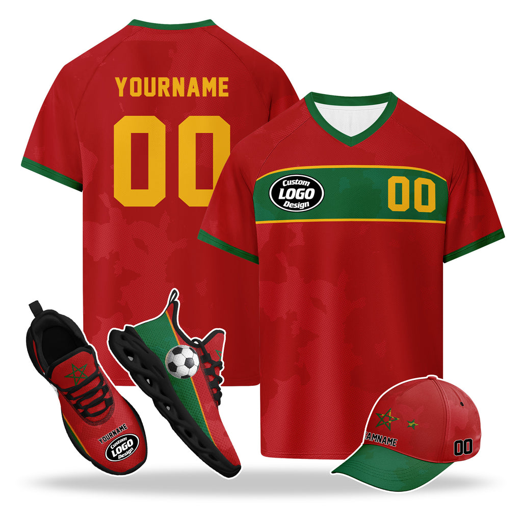 Custom 2026 World Cup Morocco High Quality Soccer Stadium Version Jersey Sneakers Sports Shoes and Hat Combo Offer Personalized Team Name and Logo ZH-F009135-3