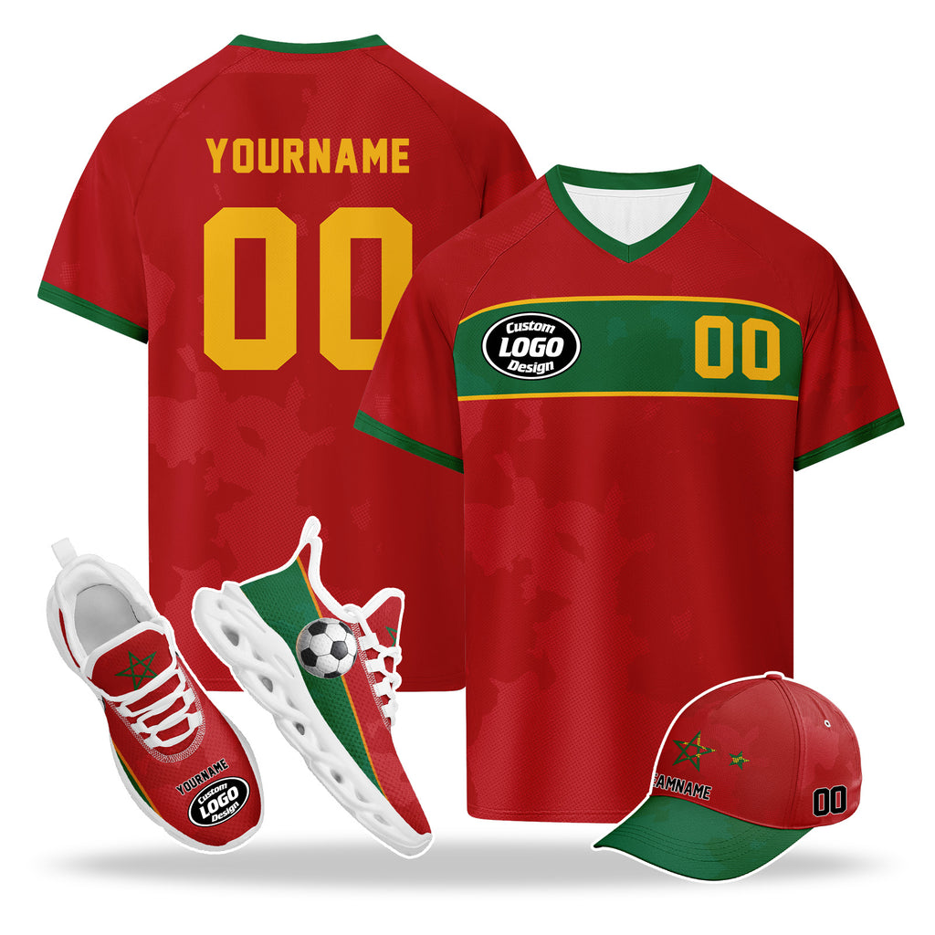 Custom 2026 World Cup Morocco High Quality Soccer Stadium Version Jersey Sneakers Sports Shoes and Hat Combo Offer Personalized Team Name and Logo ZH-F009135-3