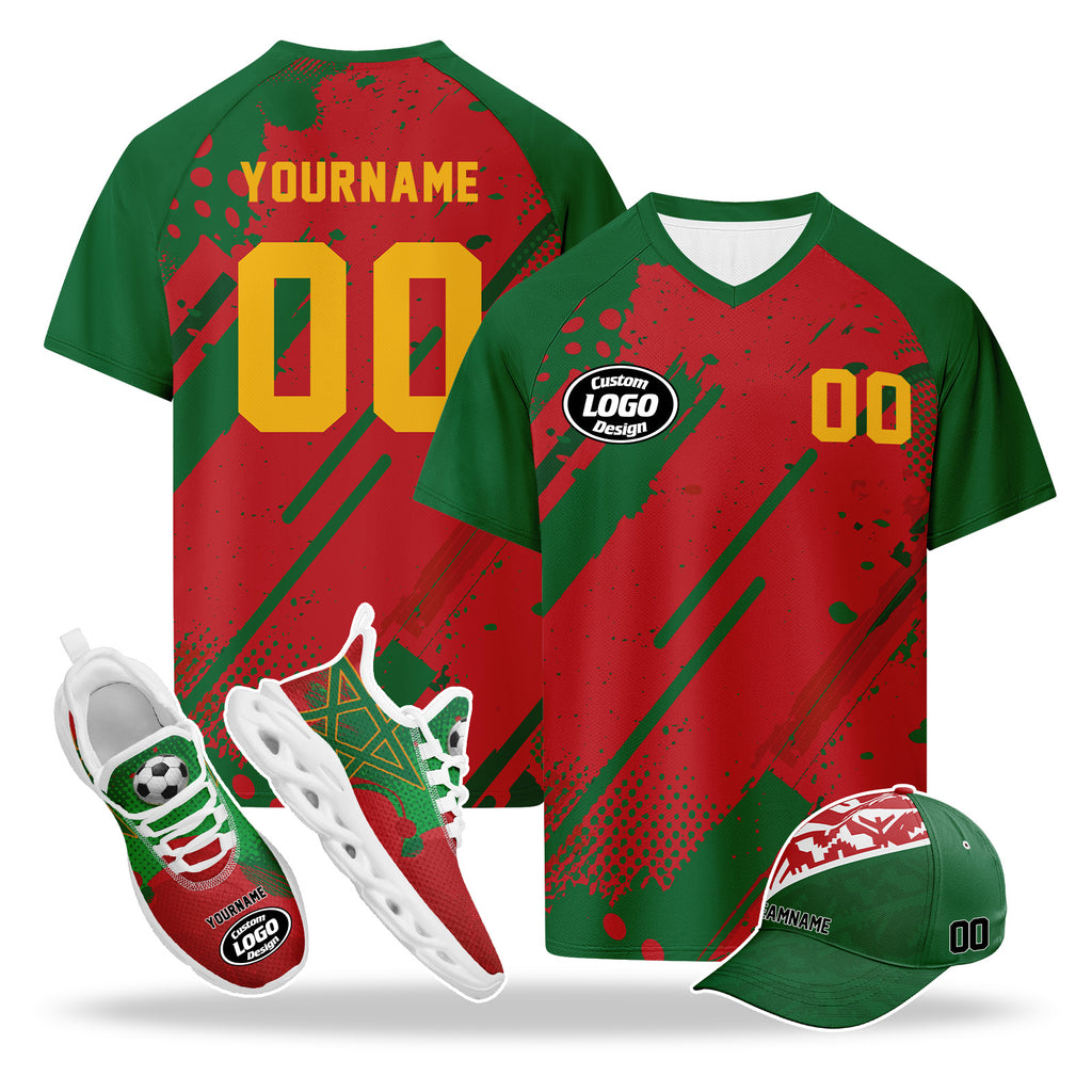 Custom 2026 World Cup Morocco High Quality Soccer Stadium Version Jersey Sneakers Sports Shoes and Hat Combo Offer Personalized Team Name and Logo ZH-F009135-4