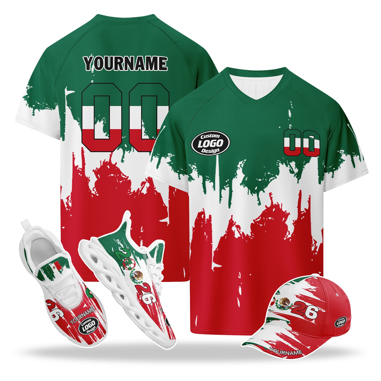 Custom 2026 World Cup Mexico High Quality Soccer Stadium Version Jersey Sneakers Sports Shoes and Hat Combo Offer Personalized Team Name and Logo ZH-F023091-1