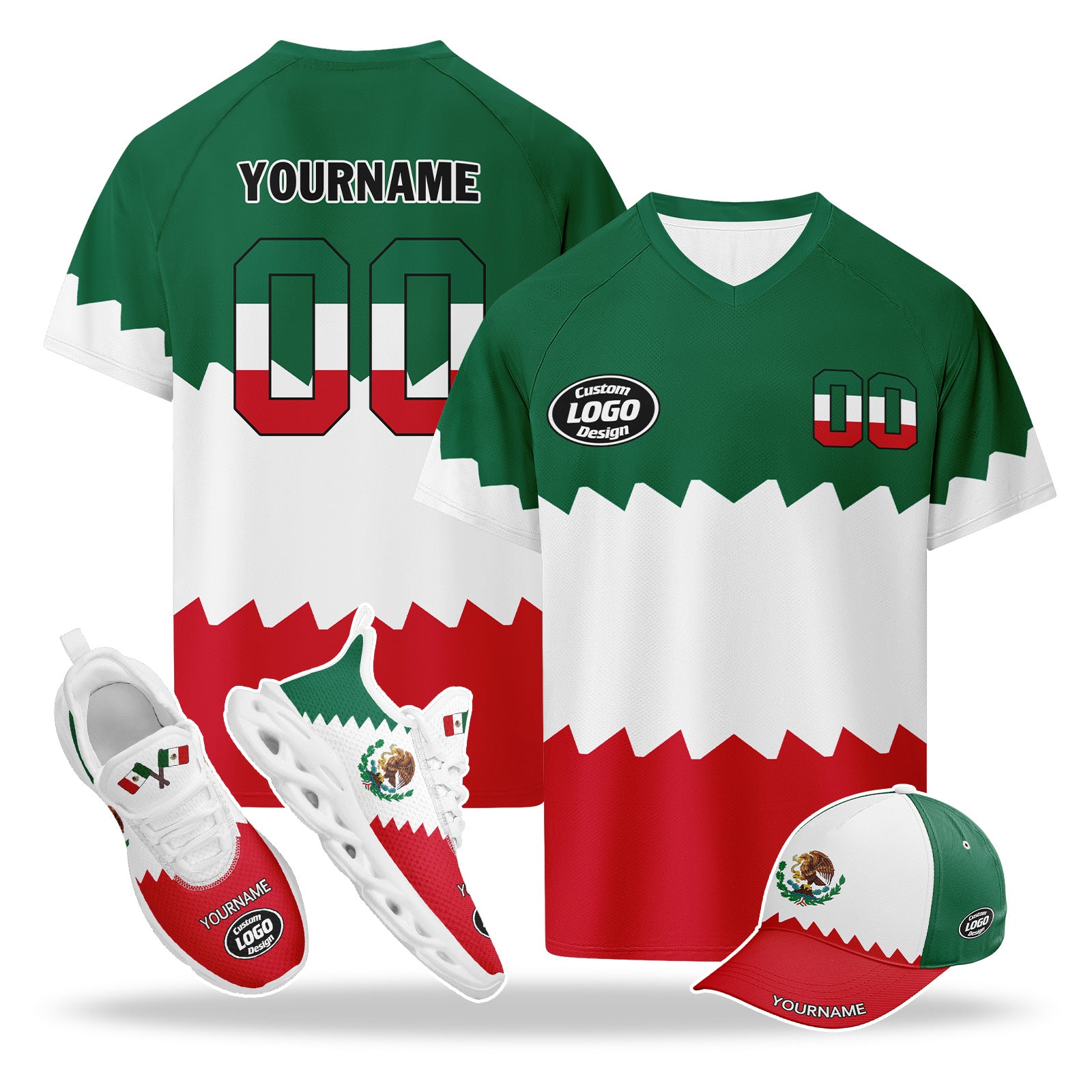 Custom 2026 World Cup Mexico High Quality Soccer Stadium Version Jersey Sneakers Sports Shoes and Hat Combo Offer Personalized Team Name and Logo ZH-F023091-3