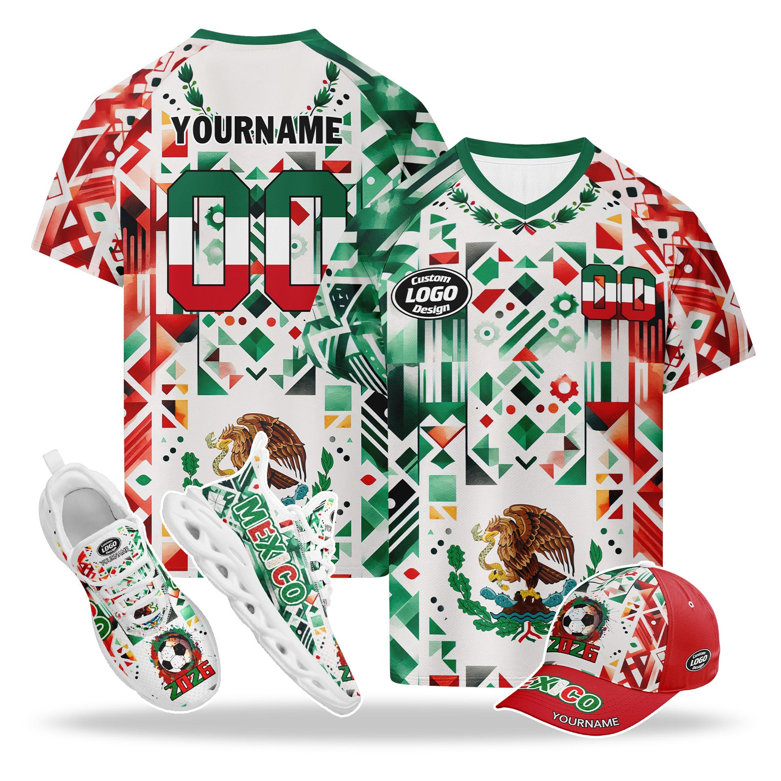 Custom 2026 World Cup Mexico High Quality Soccer Stadium Version Jersey Sneakers Sports Shoes and Hat Combo Offer Personalized Team Name and Logo ZH-F023091-5