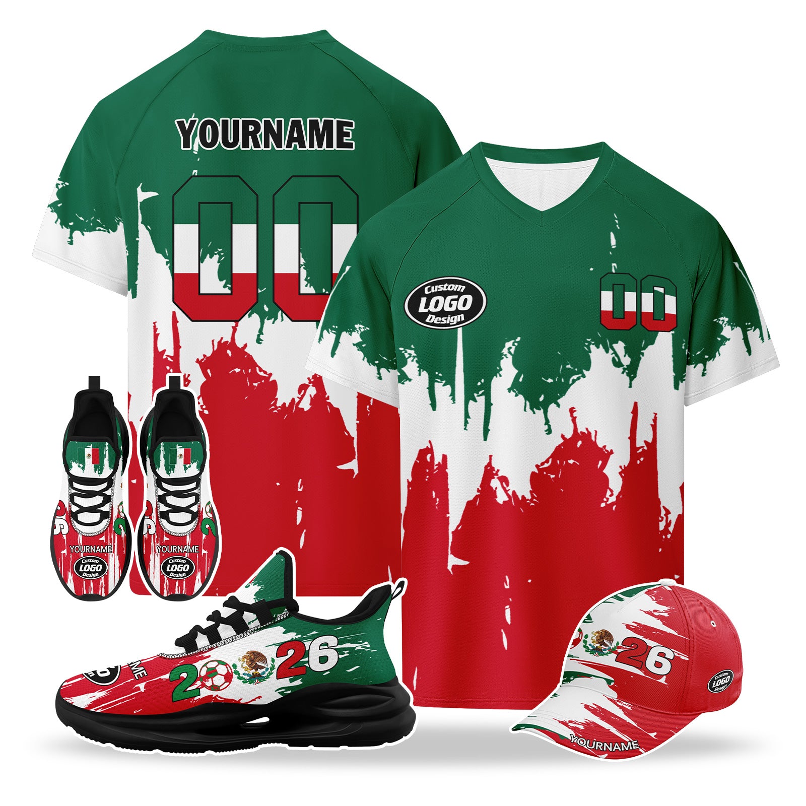 Custom 2026 World Cup Mexico High Quality Soccer Stadium Version Jersey Sneakers Sports Shoes and Hat Combo Offer Personalized Team Name and Logo ZH-F023092-1
