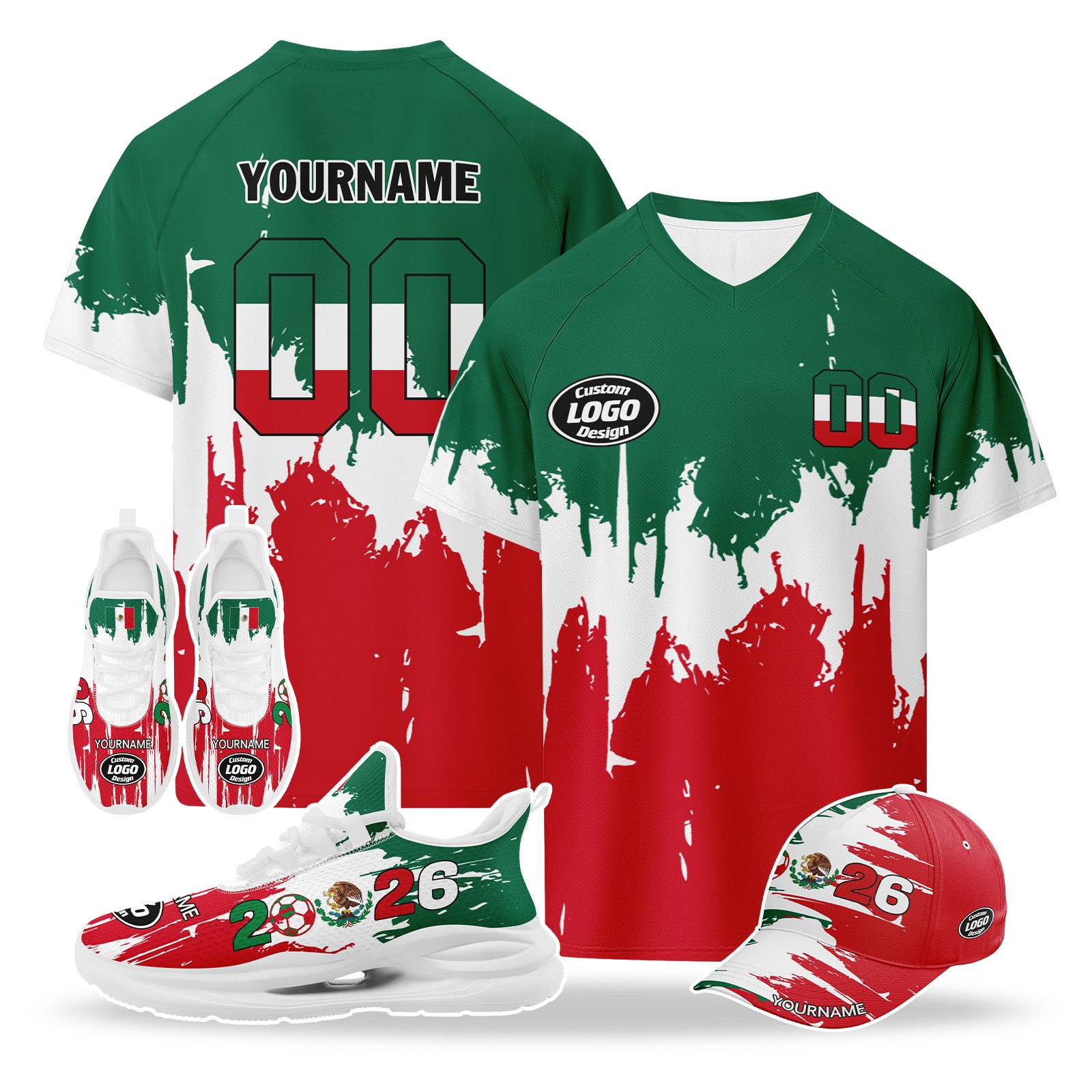Custom 2026 World Cup Mexico High Quality Soccer Stadium Version Jersey Sneakers Sports Shoes and Hat Combo Offer Personalized Team Name and Logo ZH-F023092-1