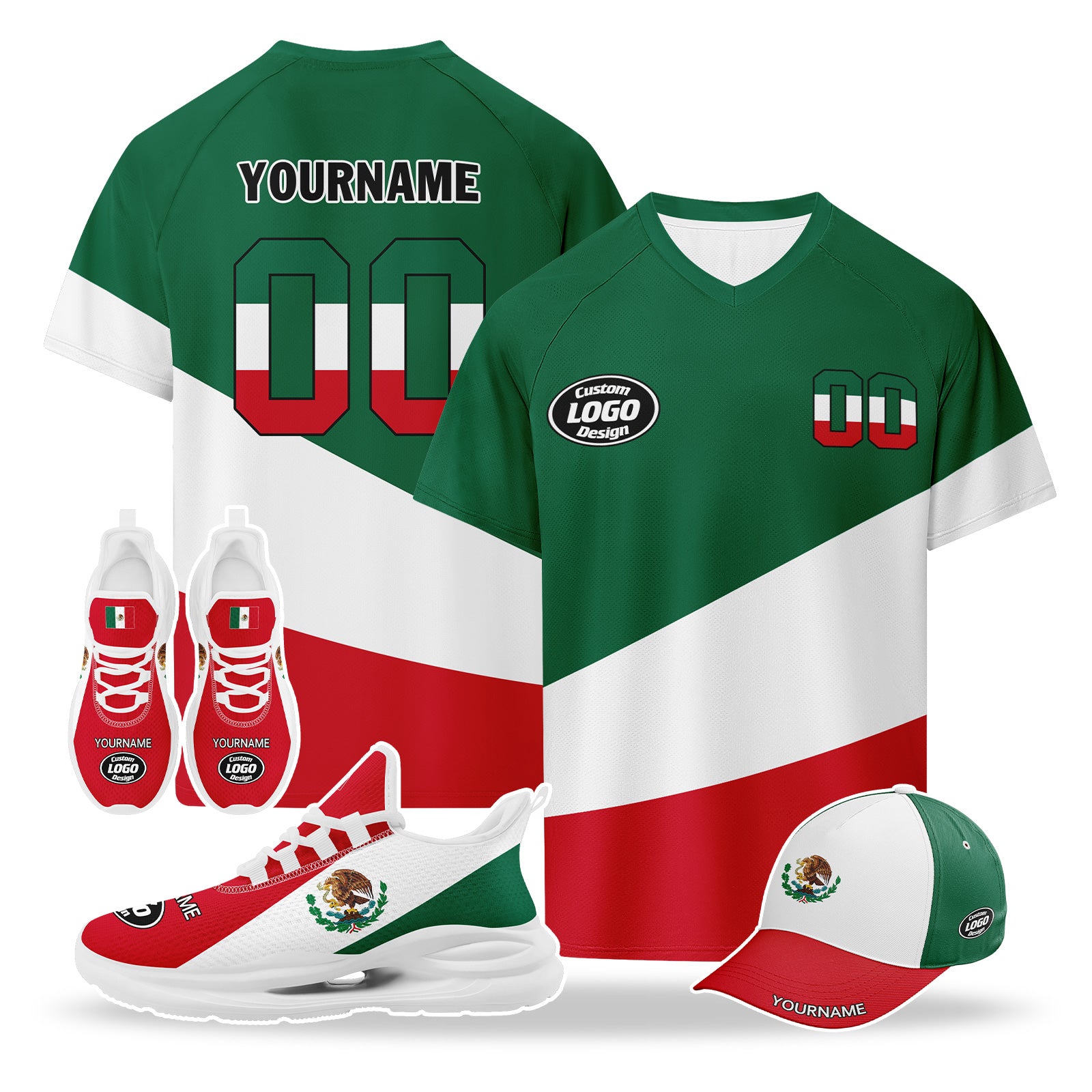 Custom 2026 World Cup Mexico High Quality Soccer Stadium Version Jersey Sneakers Sports Shoes and Hat Combo Offer Personalized Team Name and Logo ZH-F023092-4