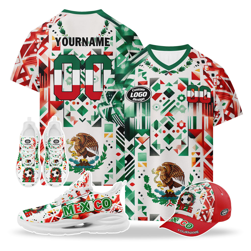 Custom 2026 World Cup Mexico High Quality Soccer Stadium Version Jersey Sneakers Sports Shoes and Hat Combo Offer Personalized Team Name and Logo ZH-F023092-5