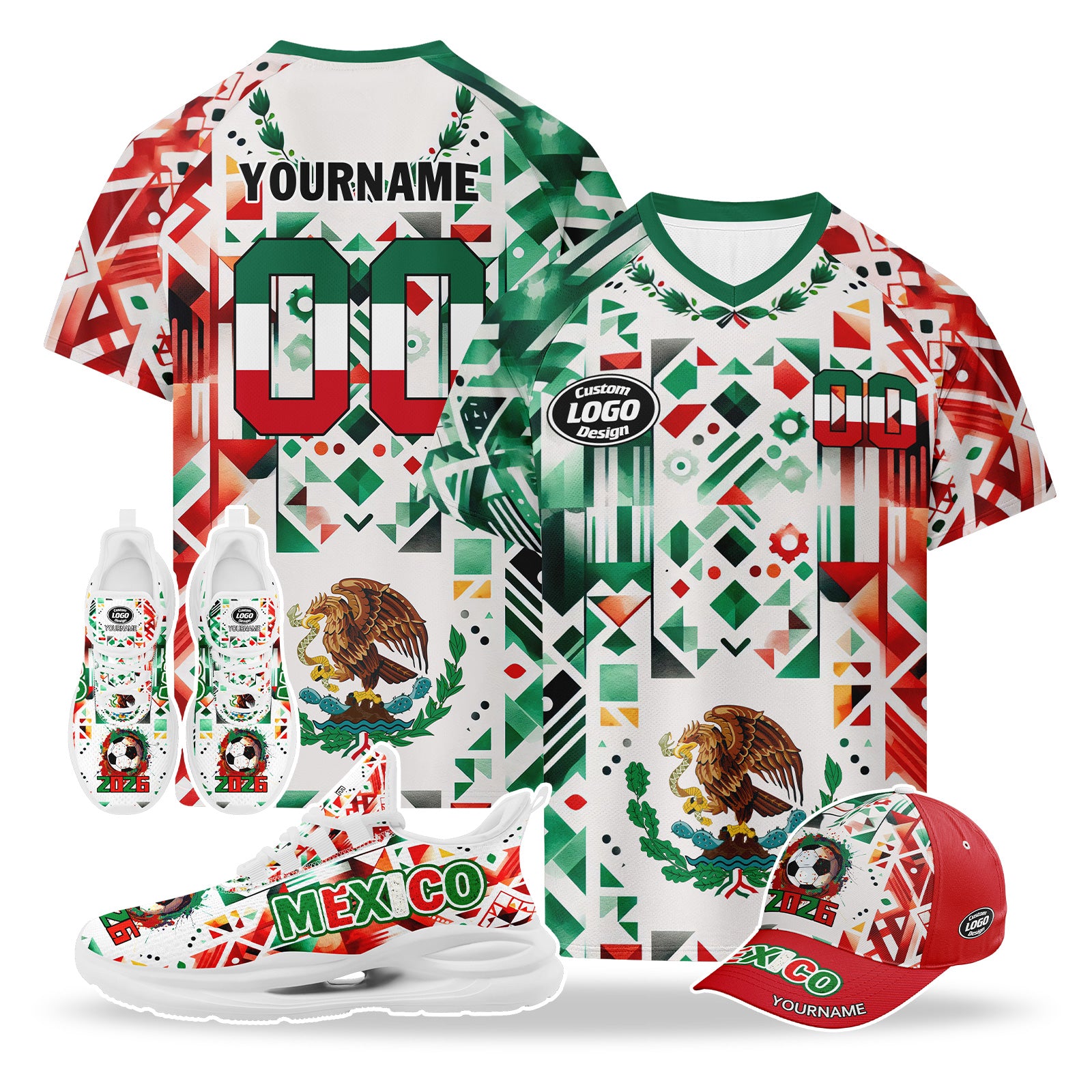 Custom 2026 World Cup Mexico High Quality Soccer Stadium Version Jersey Sneakers Sports Shoes and Hat Combo Offer Personalized Team Name and Logo ZH-F023092-5
