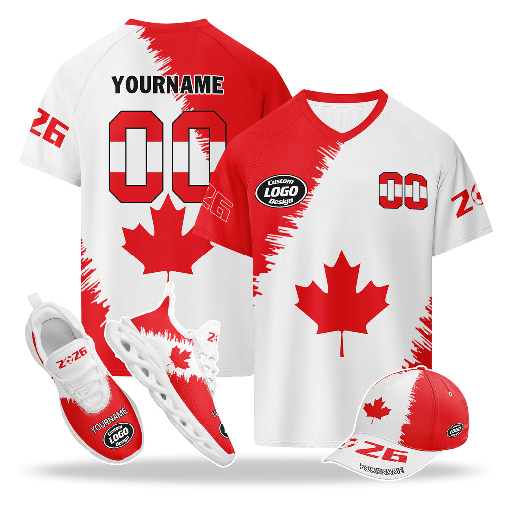 Custom 2026 World Cup Canada High Quality Soccer Stadium Version Jersey Sneakers Sports Shoes and Hat Combo Offer Personalized Team Name and Logo ZH-F023095-1