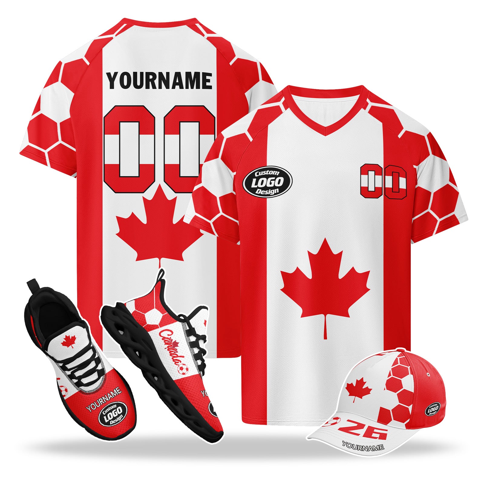 Custom 2026 World Cup Canada High Quality Soccer Stadium Version Jersey Sneakers Sports Shoes and Hat Combo Offer Personalized Team Name and Logo ZH-F023095-2
