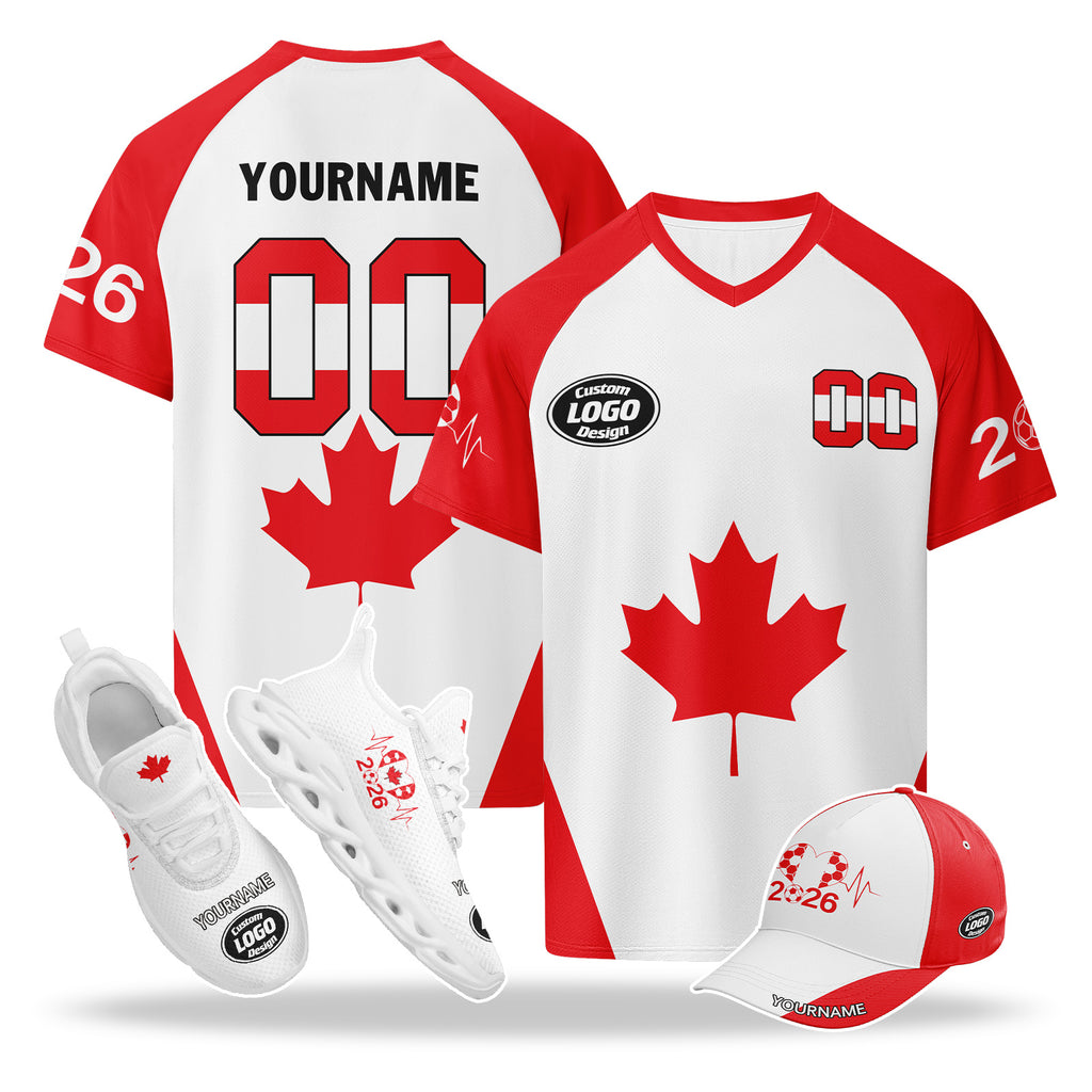 Custom 2026 World Cup Canada High Quality Soccer Stadium Version Jersey Sneakers Sports Shoes and Hat Combo Offer Personalized Team Name and Logo ZH-F023095-3