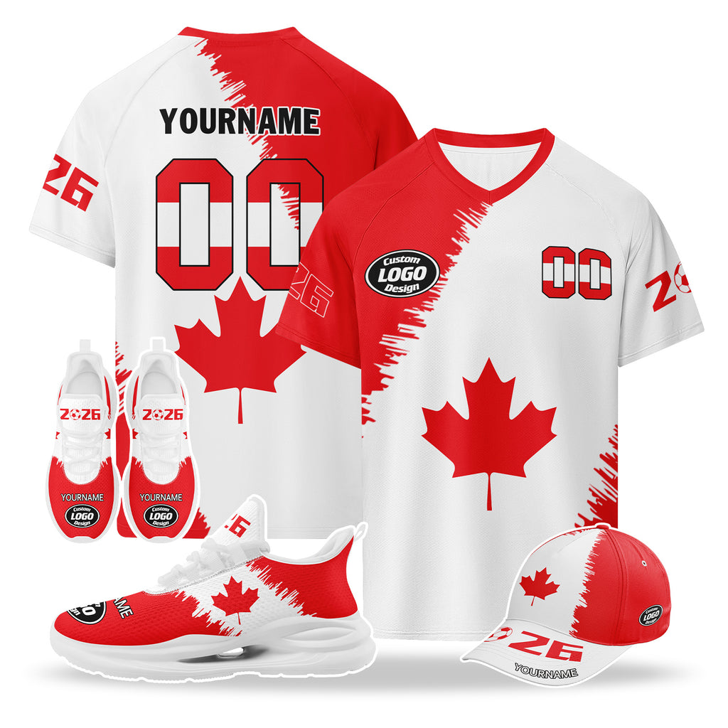 Custom 2026 World Cup Canada High Quality Soccer Stadium Version Jersey Sneakers Sports Shoes and Hat Combo Offer Personalized Team Name and Logo ZH-F023096-1