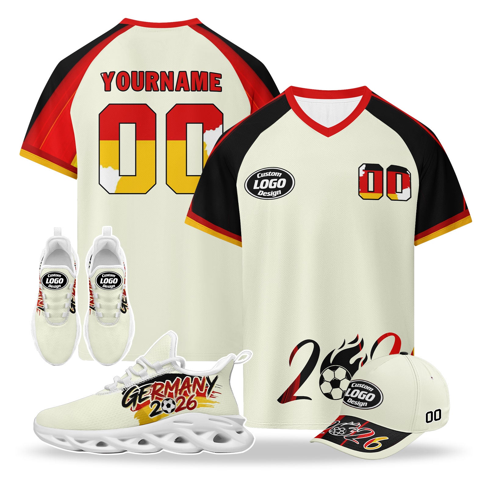 Custom 2026 World Cup Germany High Quality Soccer Stadium Version Jersey Sneakers Sports Shoes and Hat Combo Offer Personalized Team Name and Logo ZH-F025071-10