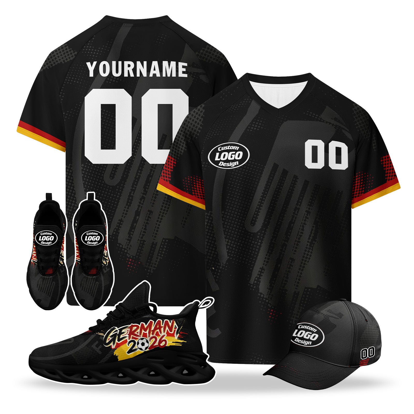 Custom 2026 World Cup Germany High Quality Soccer Stadium Version Jersey Sneakers Sports Shoes and Hat Combo Offer Personalized Team Name and Logo ZH-F025071-9