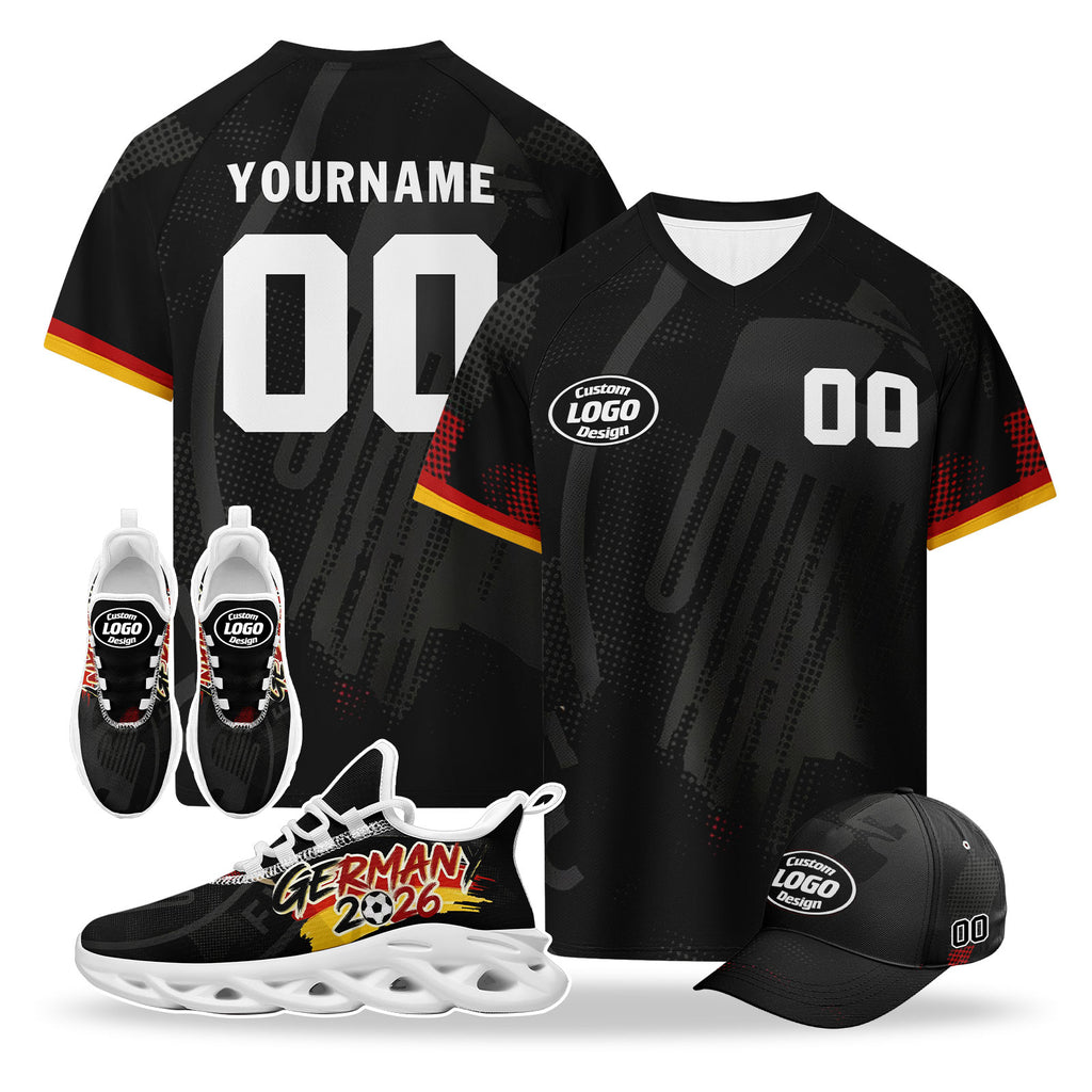 Custom 2026 World Cup Germany High Quality Soccer Stadium Version Jersey Sneakers Sports Shoes and Hat Combo Offer Personalized Team Name and Logo ZH-F025071-9