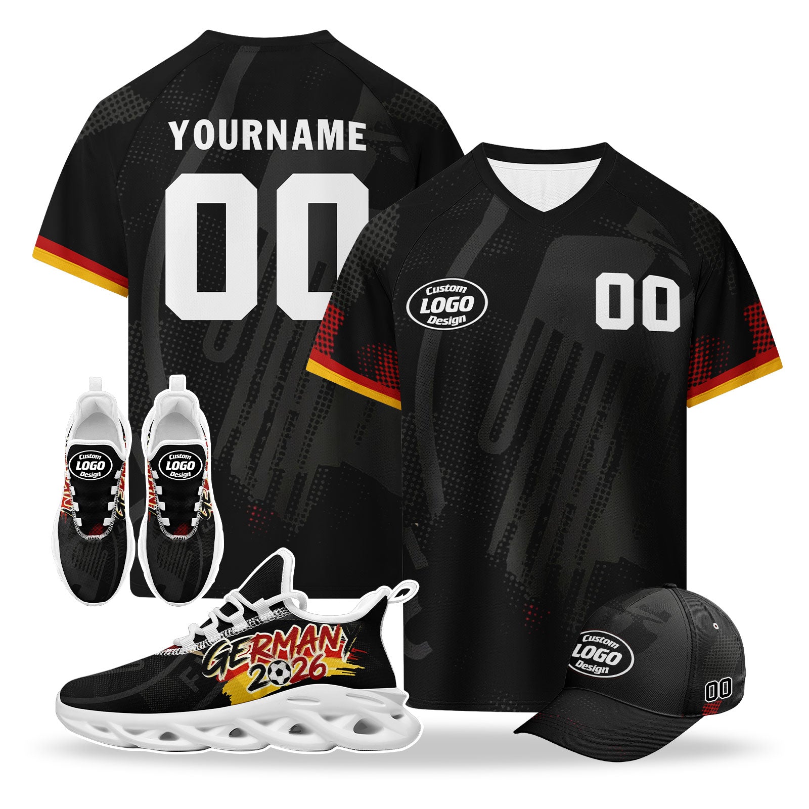 Custom 2026 World Cup Germany High Quality Soccer Stadium Version Jersey Sneakers Sports Shoes and Hat Combo Offer Personalized Team Name and Logo ZH-F025071-9