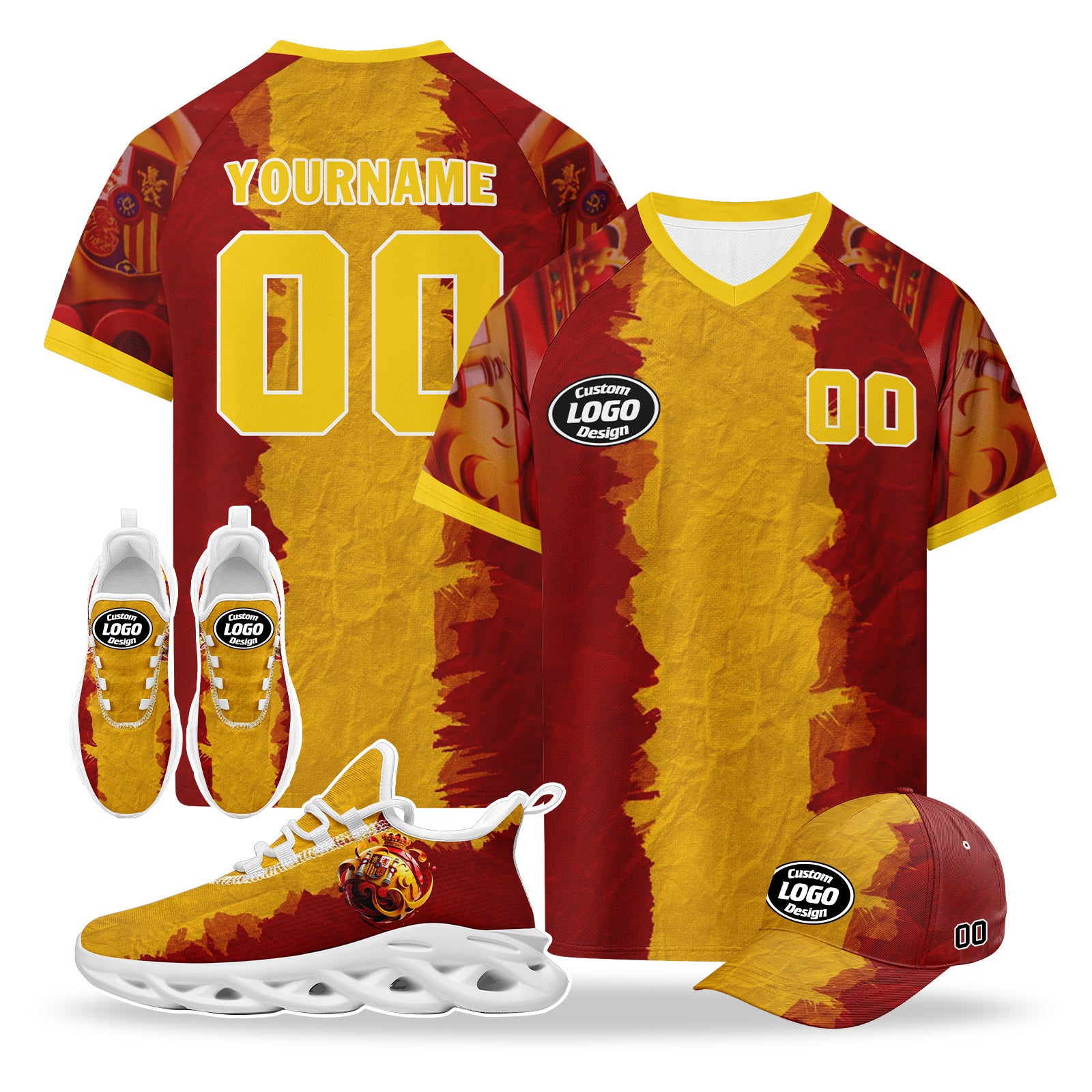 Custom 2026 World Cup Spain High Quality Soccer Stadium Version Jersey Sneakers Sports Shoes and Hat Combo Offer Personalized Team Name and Logo ZH-F025077-1