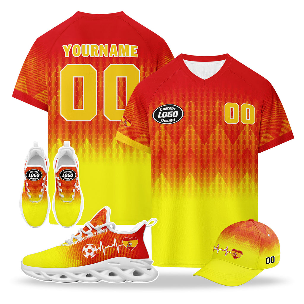 Custom 2026 World Cup Spain High Quality Soccer Stadium Version Jersey Sneakers Sports Shoes and Hat Combo Offer Personalized Team Name and Logo ZH-F025077-2