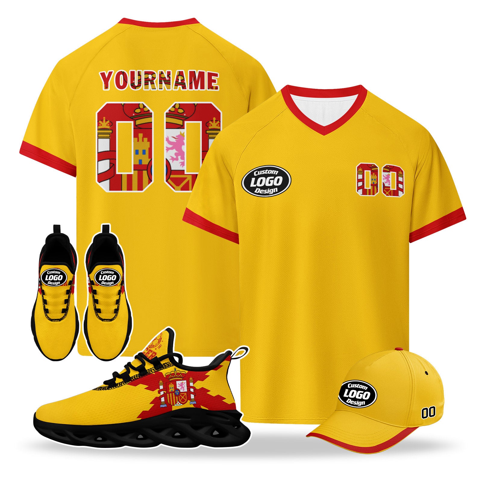 Custom 2026 World Cup Spain High Quality Soccer Stadium Version Jersey Sneakers Sports Shoes and Hat Combo Offer Personalized Team Name and Logo ZH-F025077-3