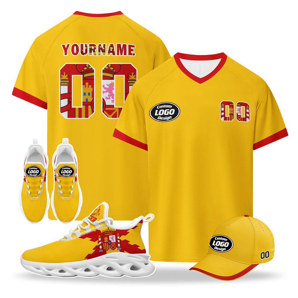 Custom 2026 World Cup Spain High Quality Soccer Stadium Version Jersey Sneakers Sports Shoes and Hat Combo Offer Personalized Team Name and Logo ZH-F025077-3