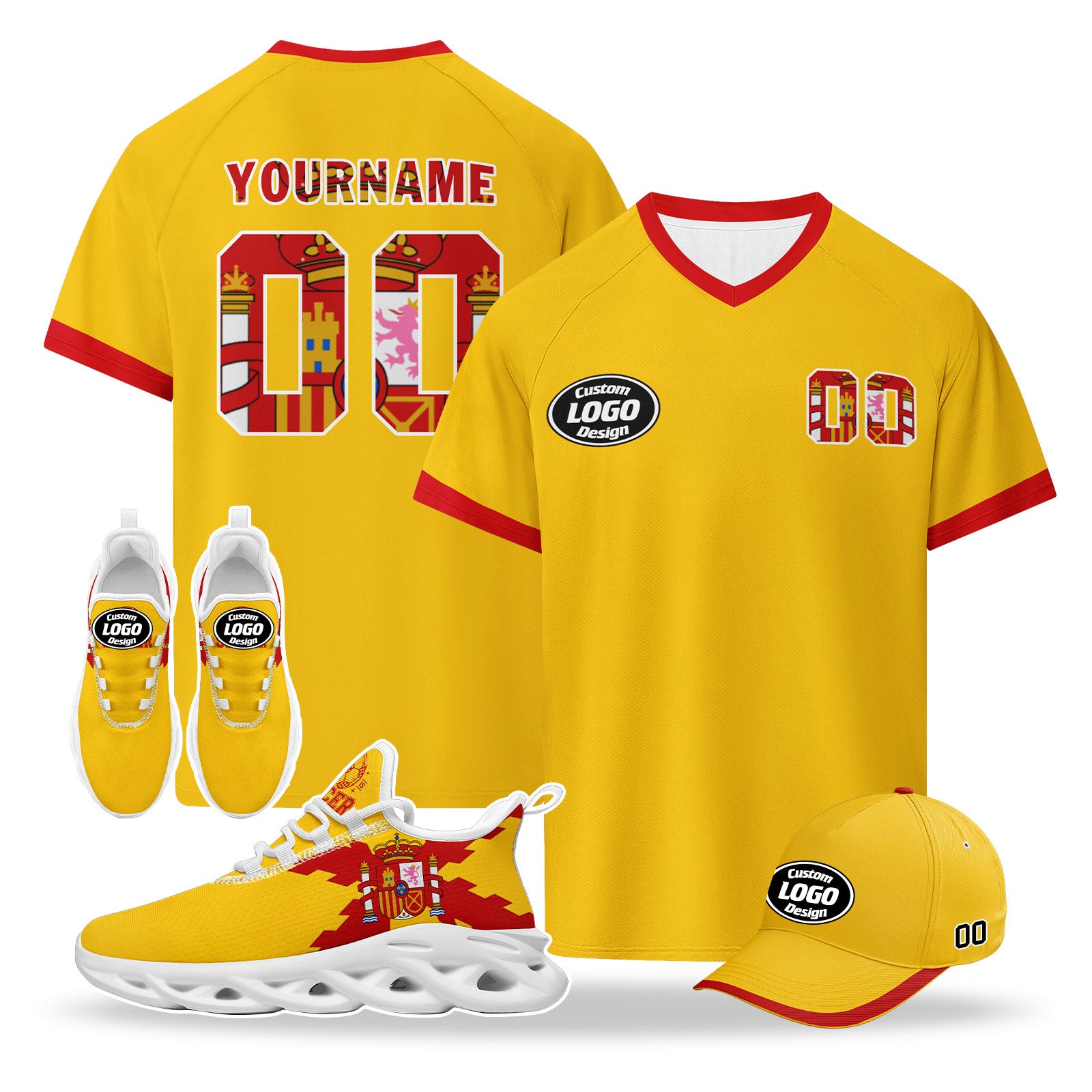 Custom 2026 World Cup Spain High Quality Soccer Stadium Version Jersey Sneakers Sports Shoes and Hat Combo Offer Personalized Team Name and Logo ZH-F025077-3